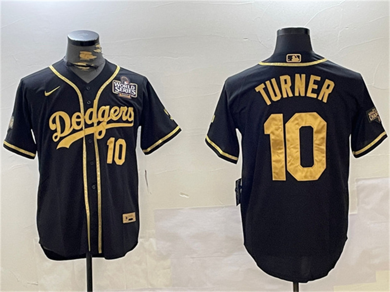 Men's Los Angeles Dodgers #10 Justin Turner Black/Gold 2024 World Series Cool Base Stitched Baseball Jersey